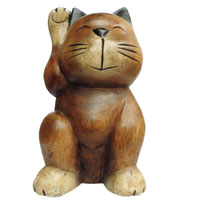 アジアン雑貨　CAT-1　木彫りネコ(招きねこ・大)