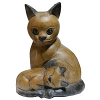 アジアン雑貨　CAT-16　ネコちゃん木彫り（ママと赤ちゃん猫）
