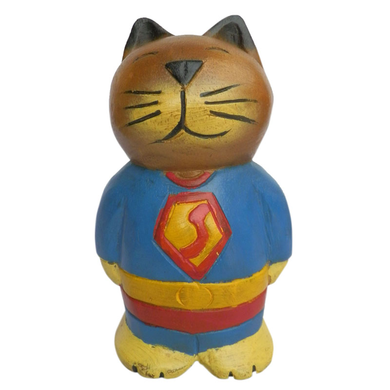 アジアン雑貨 Cat 31 ネコちゃん木彫り スーパーマン